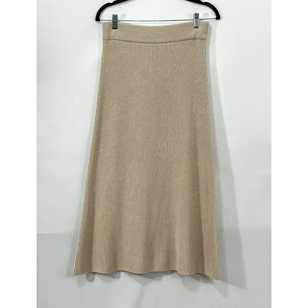 SEZANE M Medium Naelle Skirt Ribbed Beige Natural Midi Length Merino Cotton NWT - Picture 8 of 10